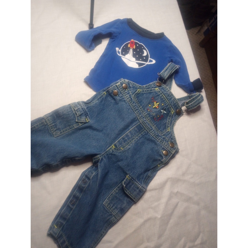 Vtg 18 Month Denim Overall Bibs Aeroplane Embroidered With Shirt‎